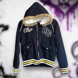 Coogi Hoodie Black Gold Couture Logo Embroidered Jacket Medium Sherpa Lined